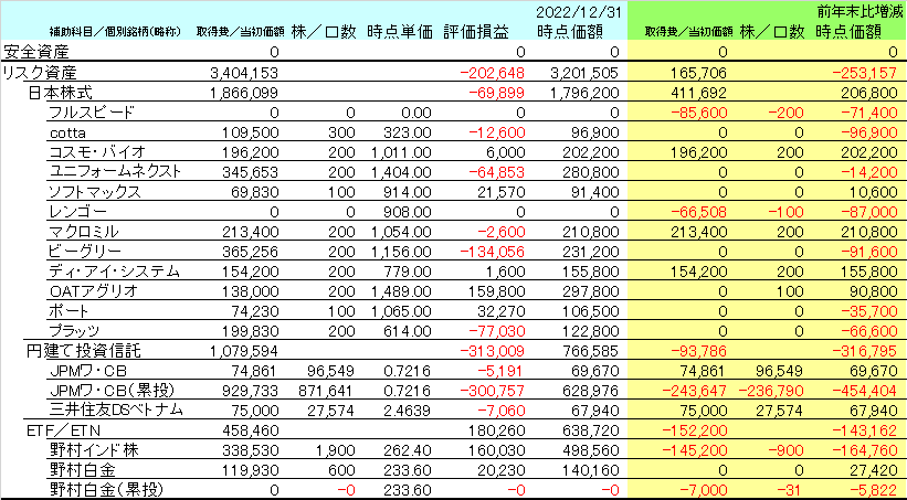 2022年12月末時点のNISA口座の資産内容