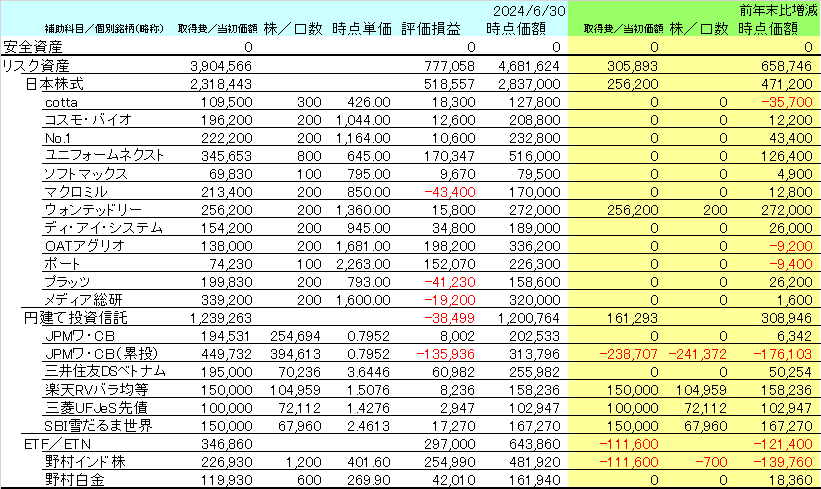 2024年6月末時点のNISA口座の資産内容