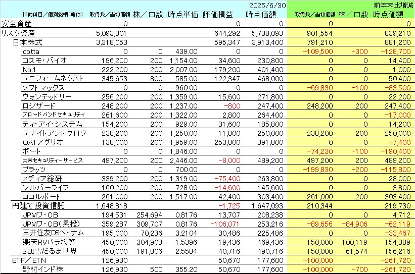 2025年6月末時点のNISA口座の資産内容